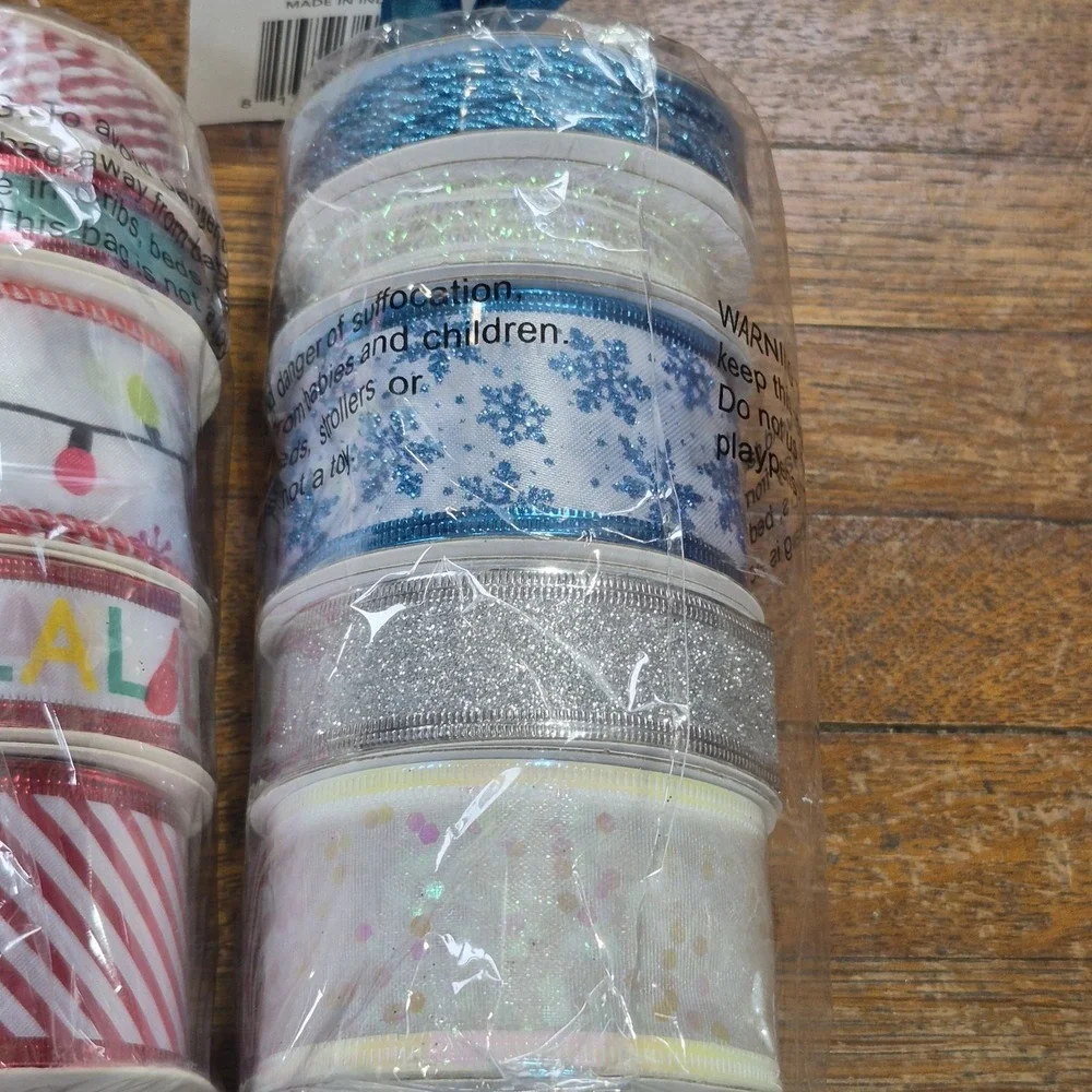 Lot of Christmas Craft Ribbon Wired Holiday Multi Pack Blues Silver Sparkle Cord